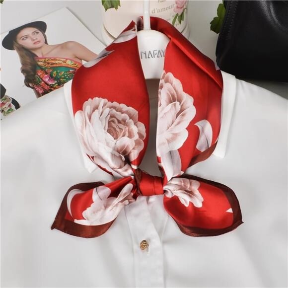 Neck Scarf Lightweight, Small Square Scarfs- Red - Picture 4 of 5